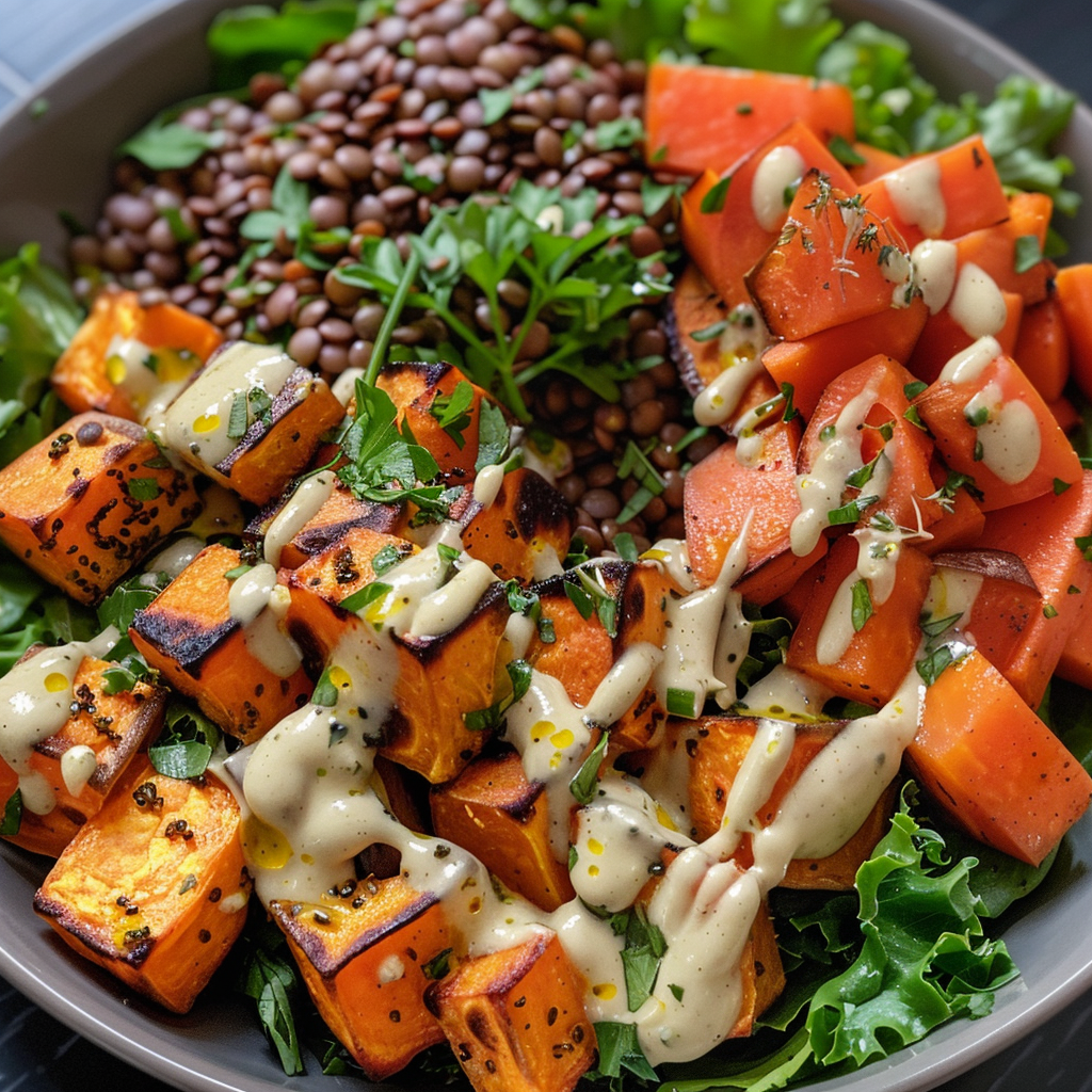 ingrédients frais pour Salade Recette Lentilles Corail Patate Douce RôTie Vinaigrette Tahini